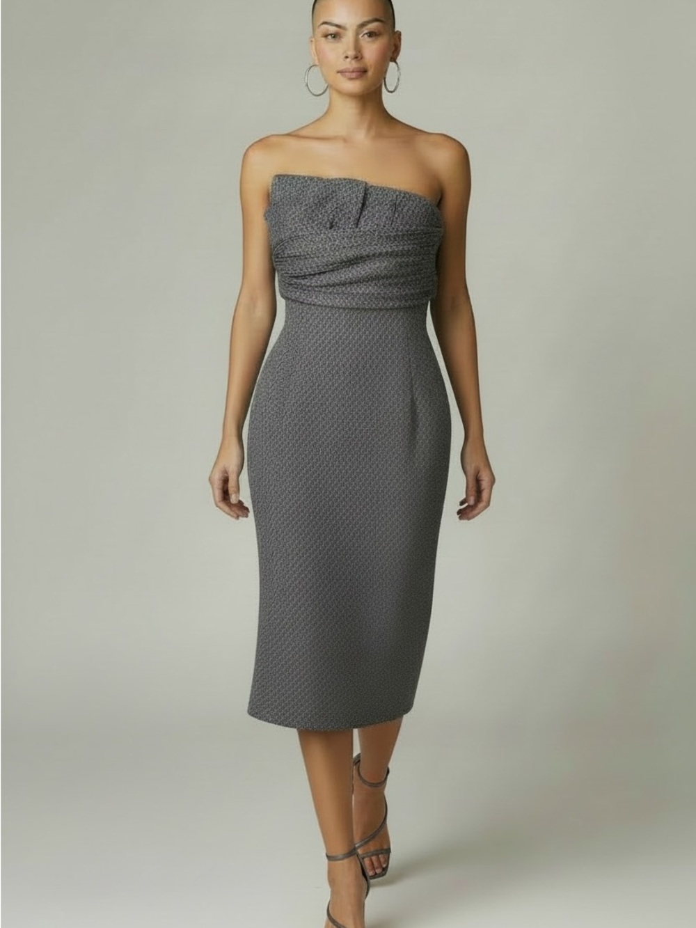 Banana Republic Strapless Gray Textured Midi Sheath Dress